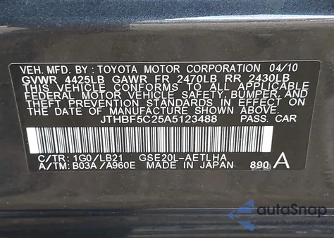 2010 Lexus Is 250 from USA, damaged, VIN JTHBF5C25A5123488